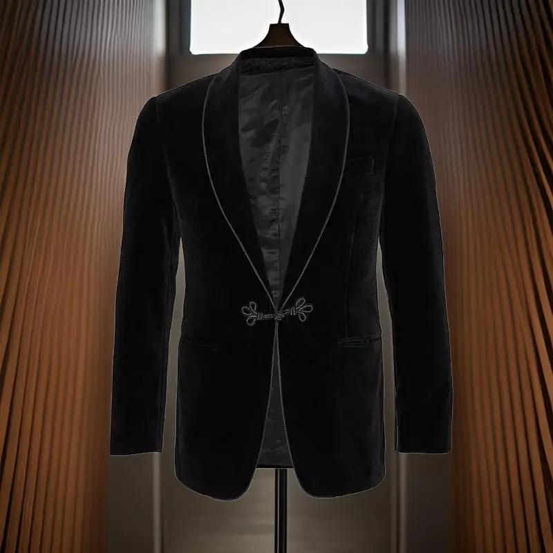 Veste de smoking en velours avec châle grenouille, ample, Vintage, Blazer de marié de mariage pour d