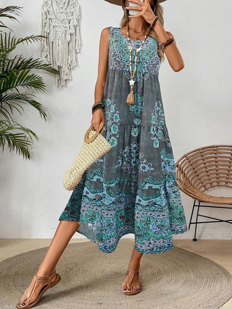 Robe d'été sans manches à col rond imprimée pour femmes, adaptée aux vêtements décontractés ou de pl