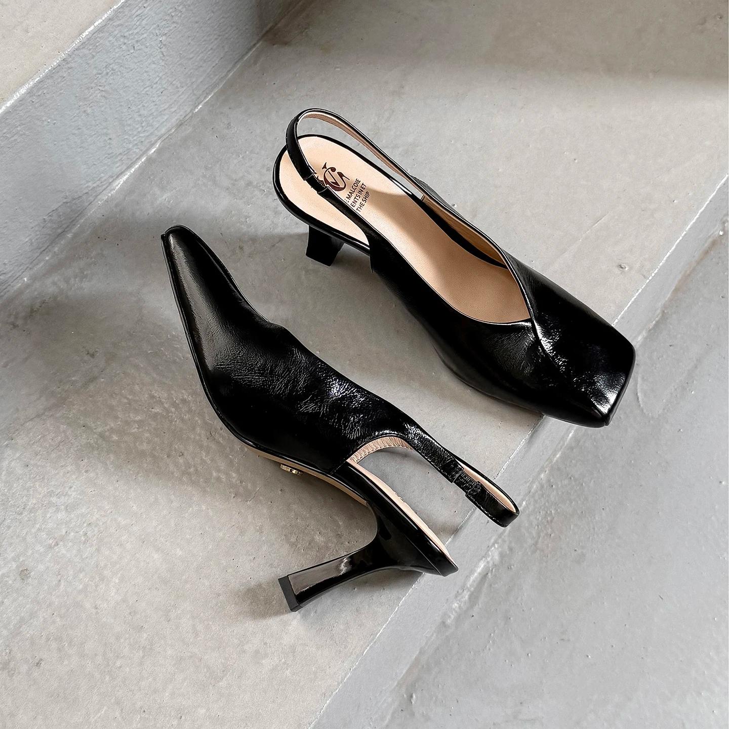 QUTAA 2026 Nouveauté Mode Escarpins Femme en Cuir Véritable Talons Hauts Bout Carré Sexy Rétro Sling