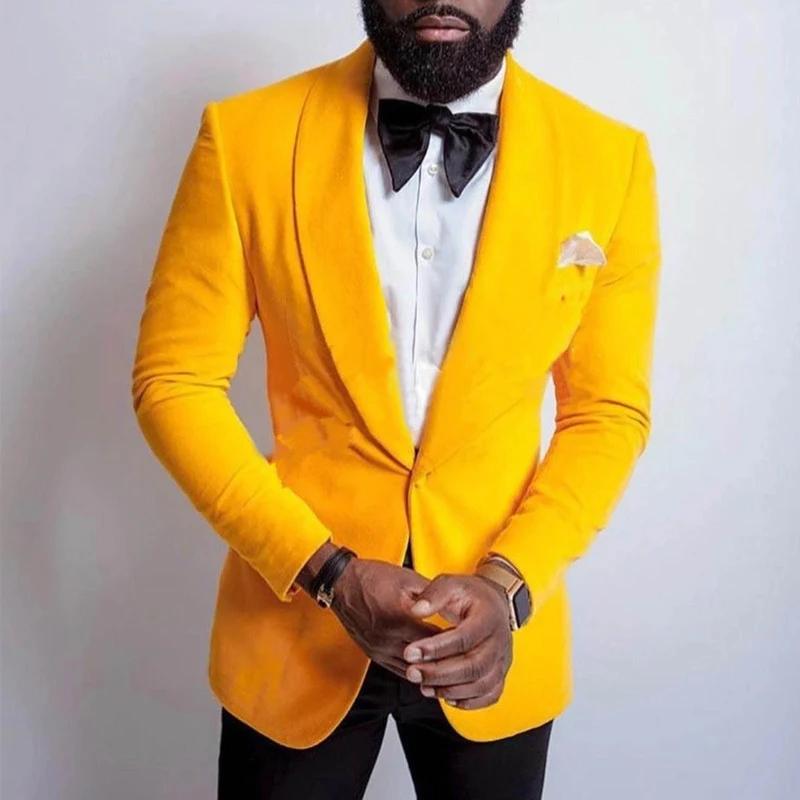 Velours jaune hommes costume veste une pièce bal Blazer pour mariage garçons d'honneur châle revers 