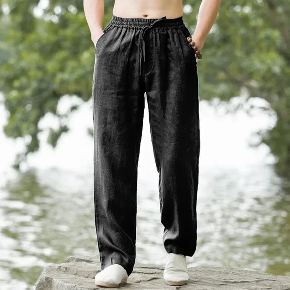 Pantalon de plage pour hommes, jogging, Streetwear, coton et lin, pantalon de survêtement décontract