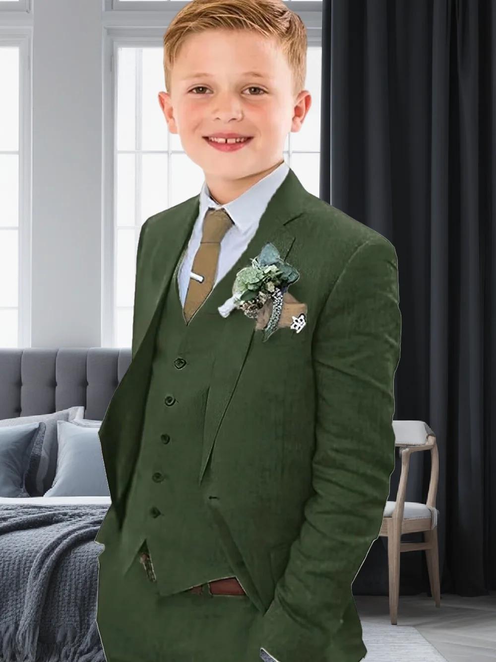 Costume en lin pour garçons, coupe cintrée, 3 pièces, Blazer, gilet, pantalon, été, plage, mariage, 
