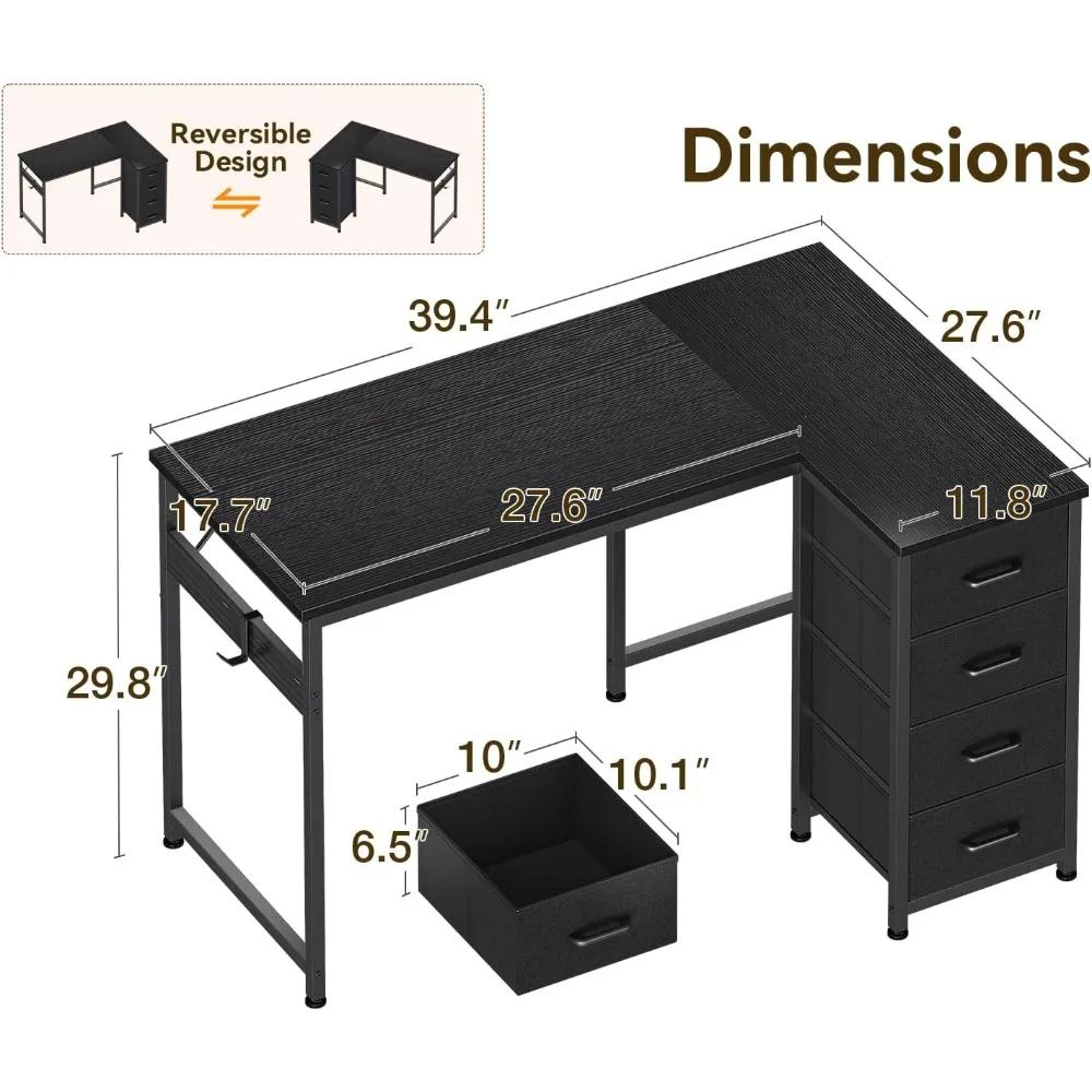 Casaottima Bureau en forme de L avec 4 tiroirs, petit bureau d'ordinateur d'angle de 40 pouces, tabl