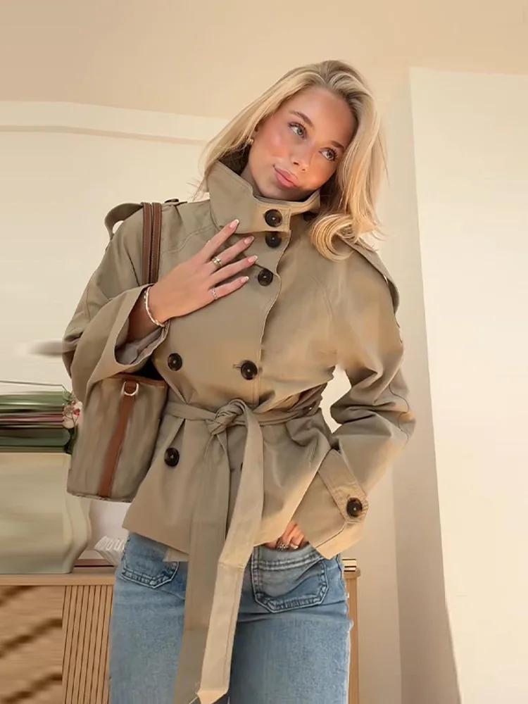 Trench court à taille ceinturée pour femme, manteaux à col montant et Double boutonnage, Chic, décon