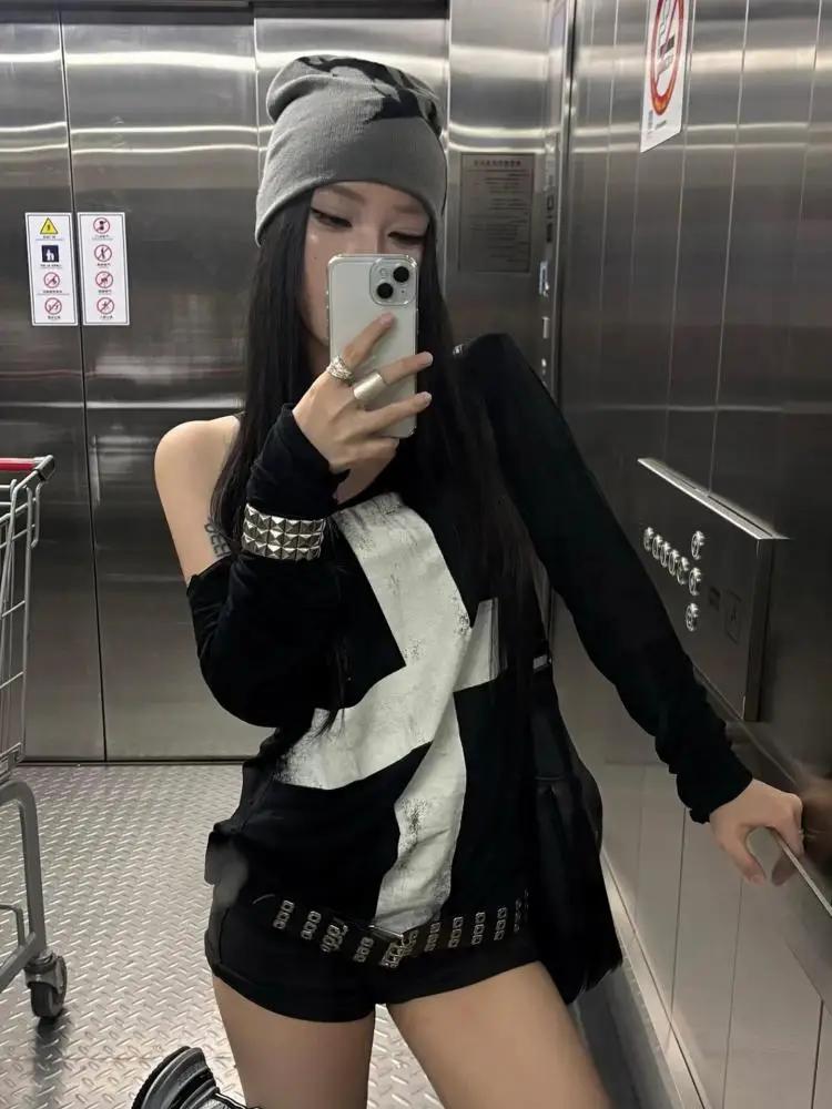 Seeslim imprimé croix graphique t-shirts femme à manches longues Blck Goth automne printemps hauts t