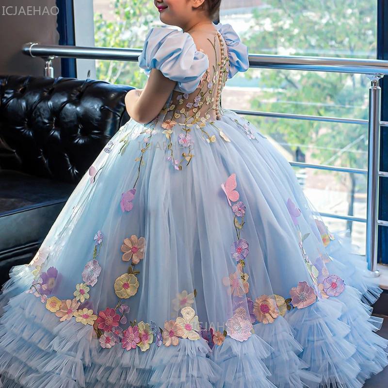 Robe de soirée bleue pour filles, robe de princesse en tulle longue pour l'Aïd, tenue de performance