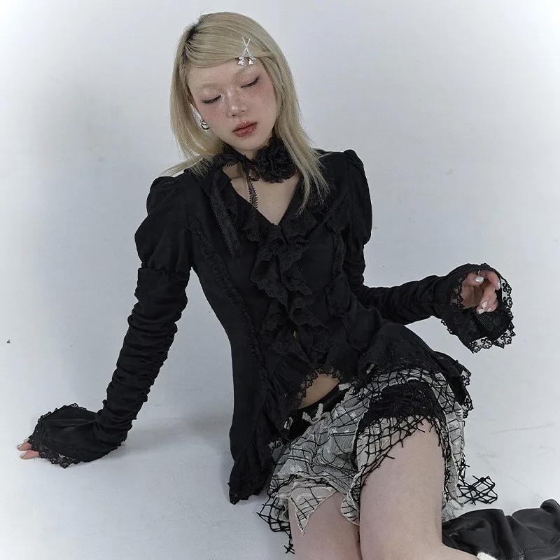 Karrcat-Chemise gothique en dentelle noire, chemisiers irréguliers esthétiques foncées, style CHRIST