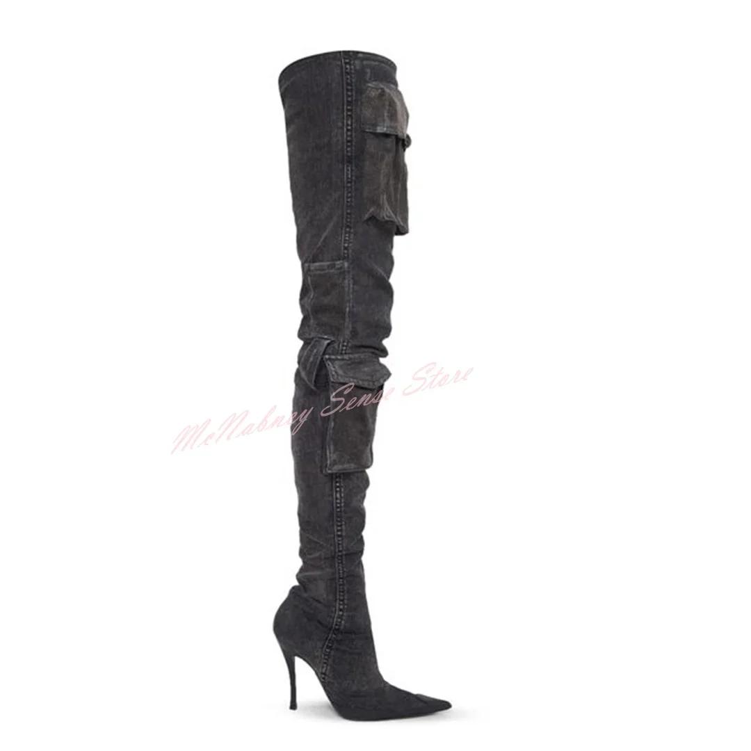 Bottes à lanières de poche en denim pour femmes, chaussures pointues Parker, talons aiguilles, cuiss
