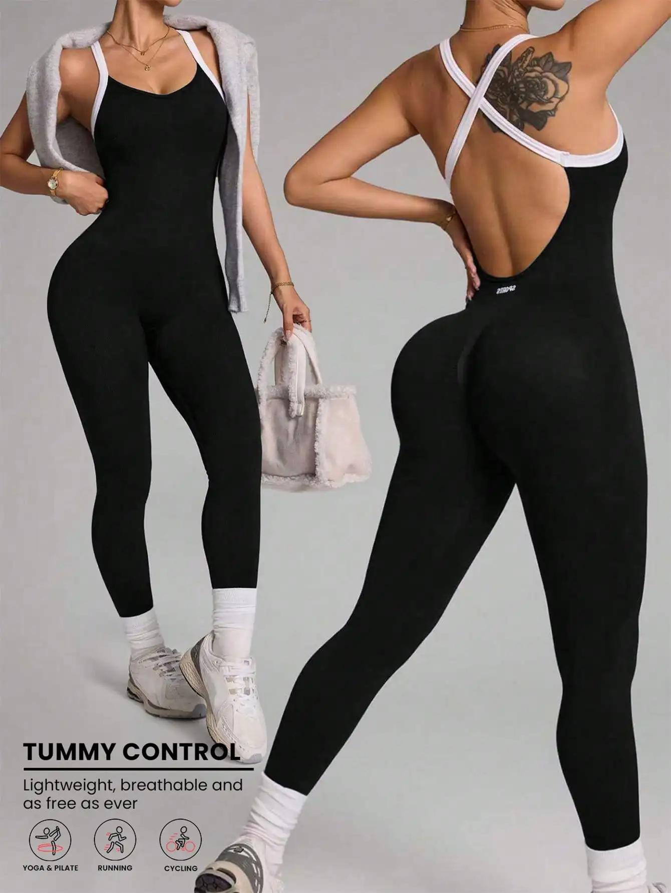 Combinaison pantalon à bretelles croisées, combinaison de yoga, fitness, filetée, exercice sans cout