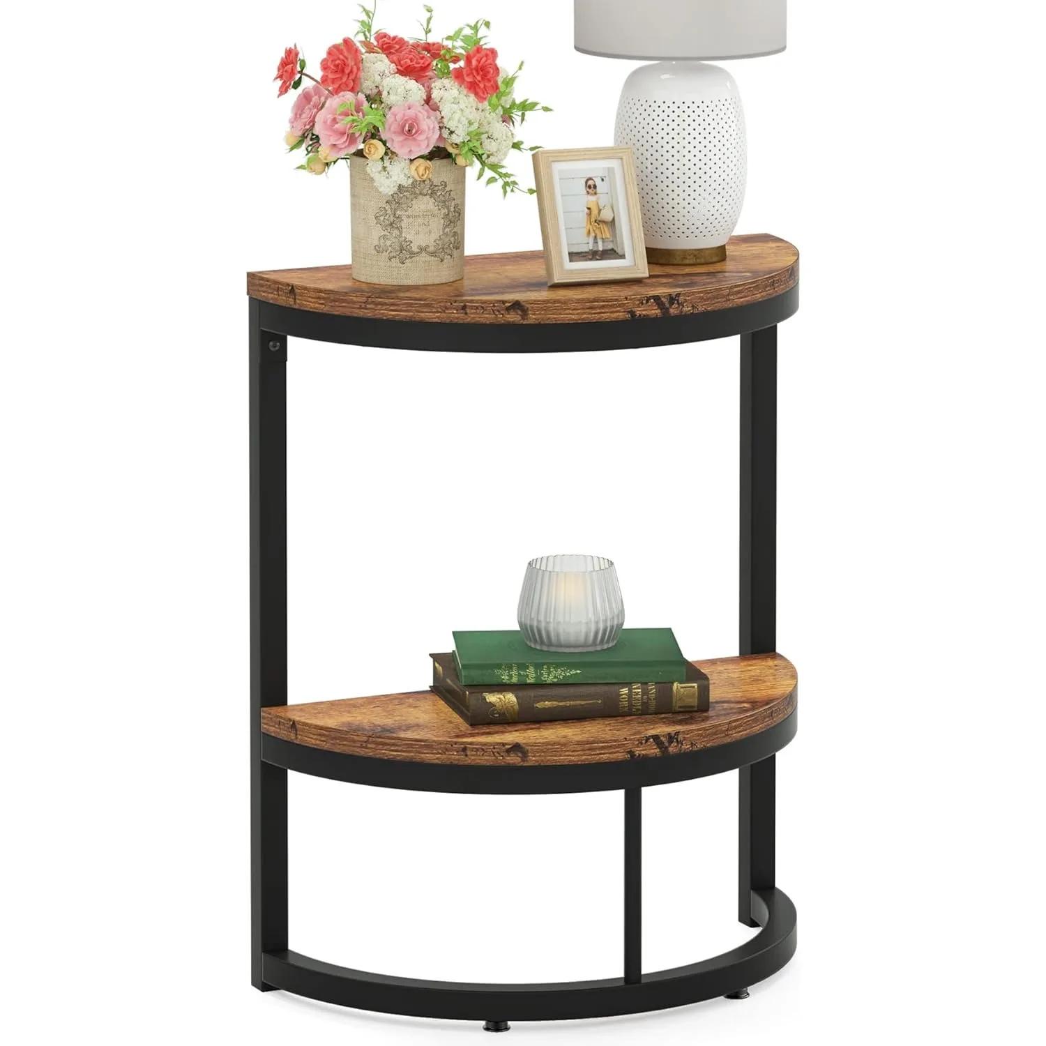 Table d'appoint semi-cercle à 2 niveaux, table d'appoint demi-ronde avec étagère de rangement, table