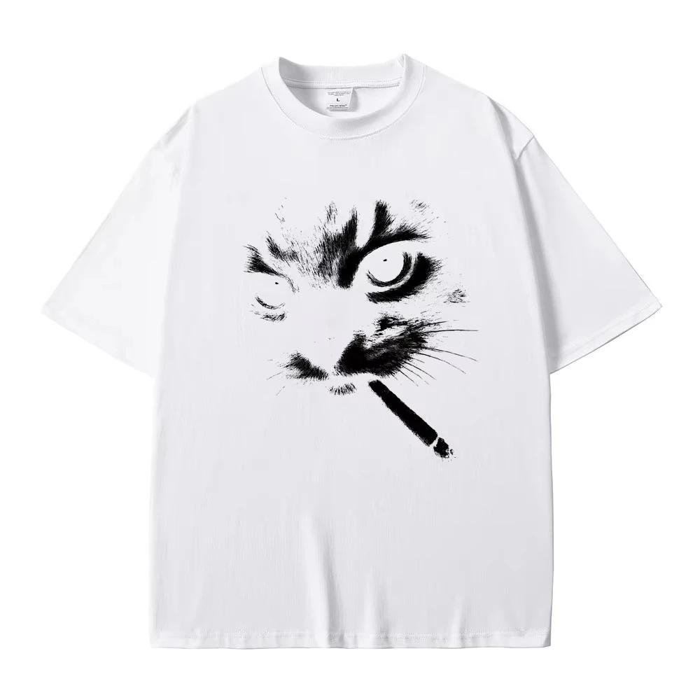 Mème drôle fumer chat visage graphique T-shirts hommes femmes décontracté coton Vintage T-shirts hom