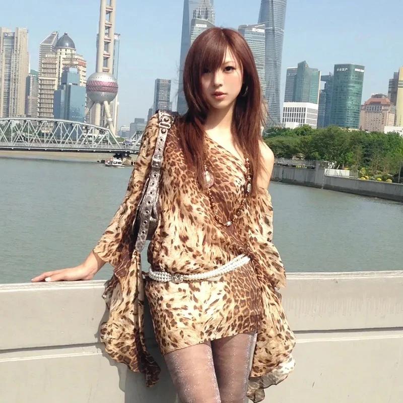 Karrram – robe japonaise Y2k imprimé léopard, Style Trashy des années 2000, épaules dénudées, Vintag