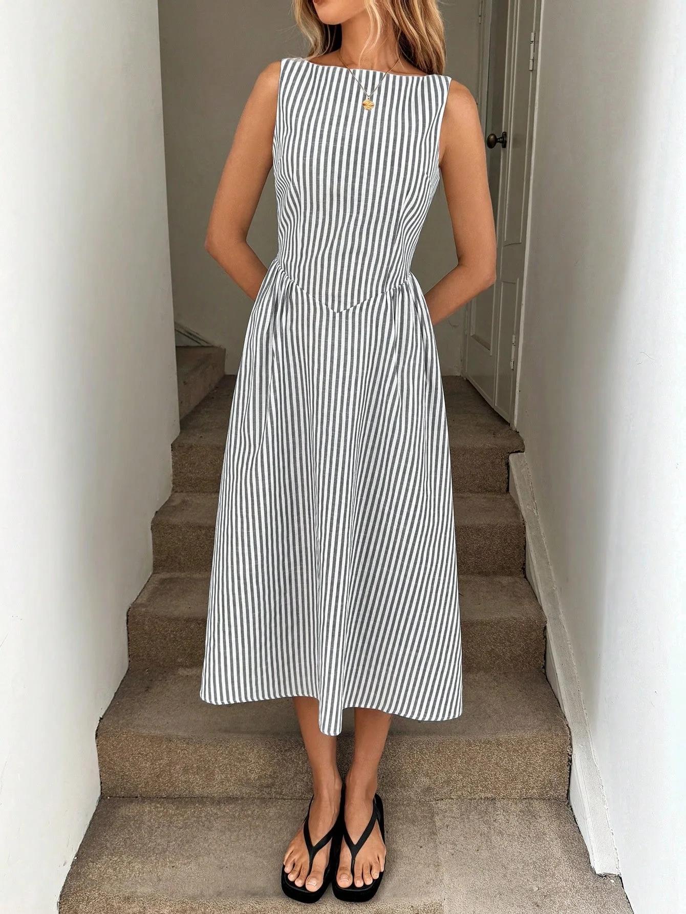 Robe d'été amincissante sans manches à rayures verticales, fraîche, tempérament élégant, nouvelle co