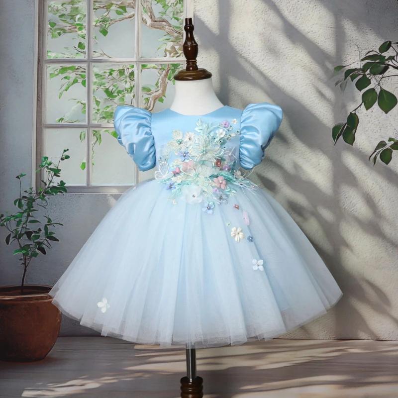 Nouvelle Robe de Princesse Bleue en Satin à Manches Bulles pour Enfants 2026 – Robe Bouffante pour A