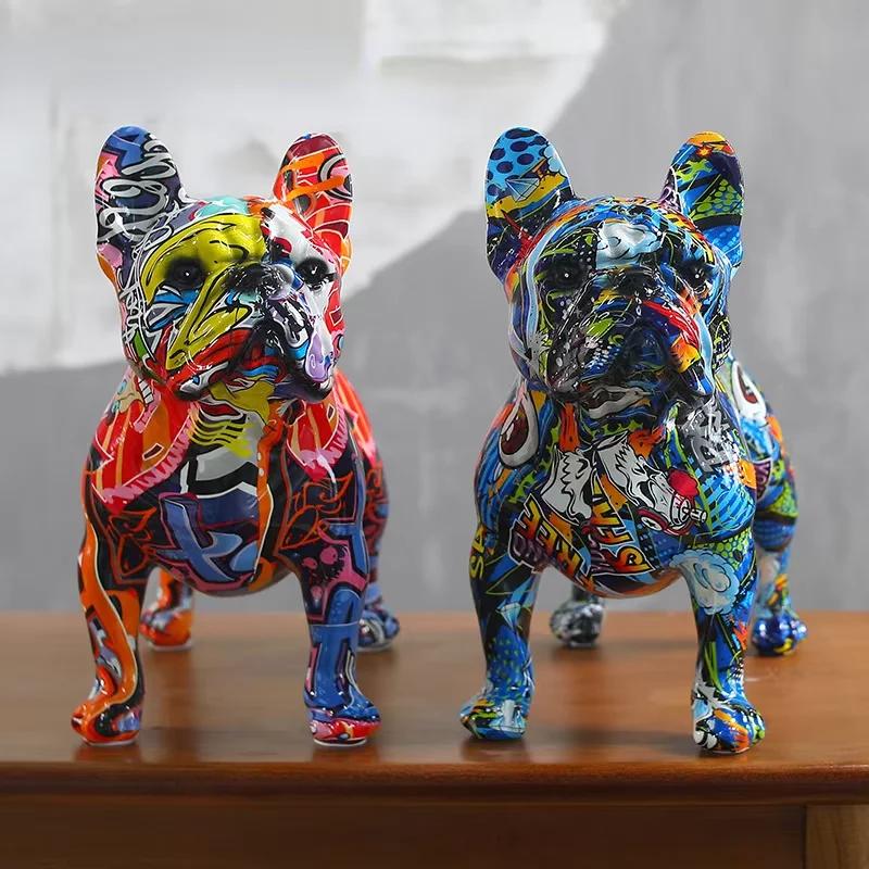 Décoration de statue en résine de bouledogue français debout coloré, artisanat de graffitis de brico