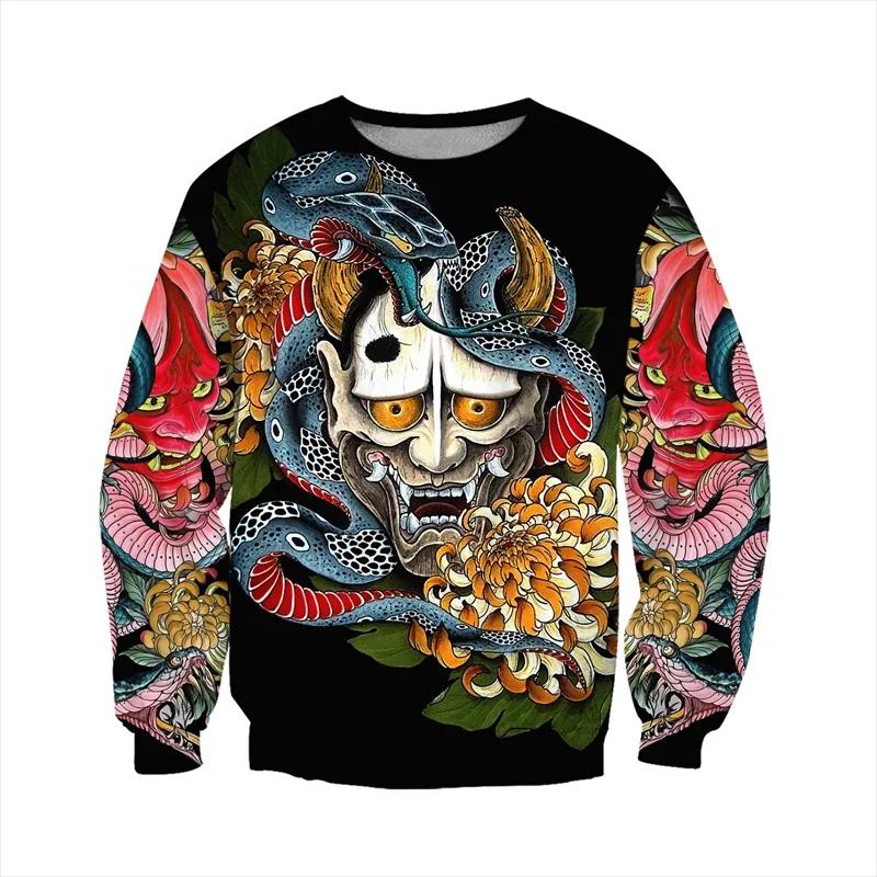 Sweat-shirt imprimé avec masque de mythologie japonaise, vêtements pour hommes, pull de rue Harajuku