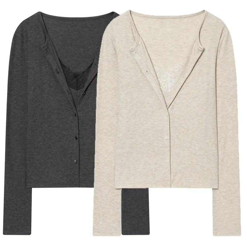 HXAO court tricot Cardigan pour femmes automne printemps Chic dentelle à manches longues tricots gri
