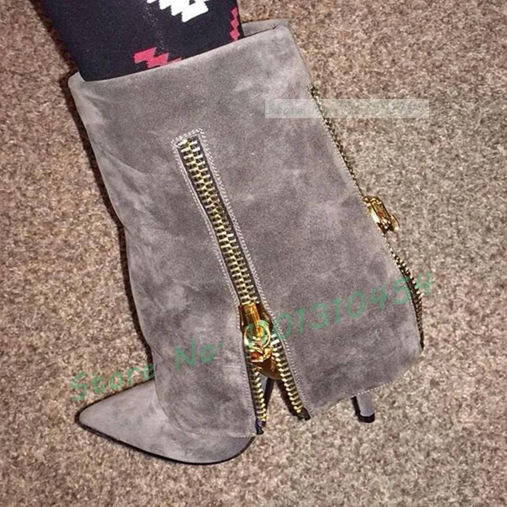Bottines décoratives à fermeture éclair dorée pour femmes, chaussures élégantes à bout pointu, talon