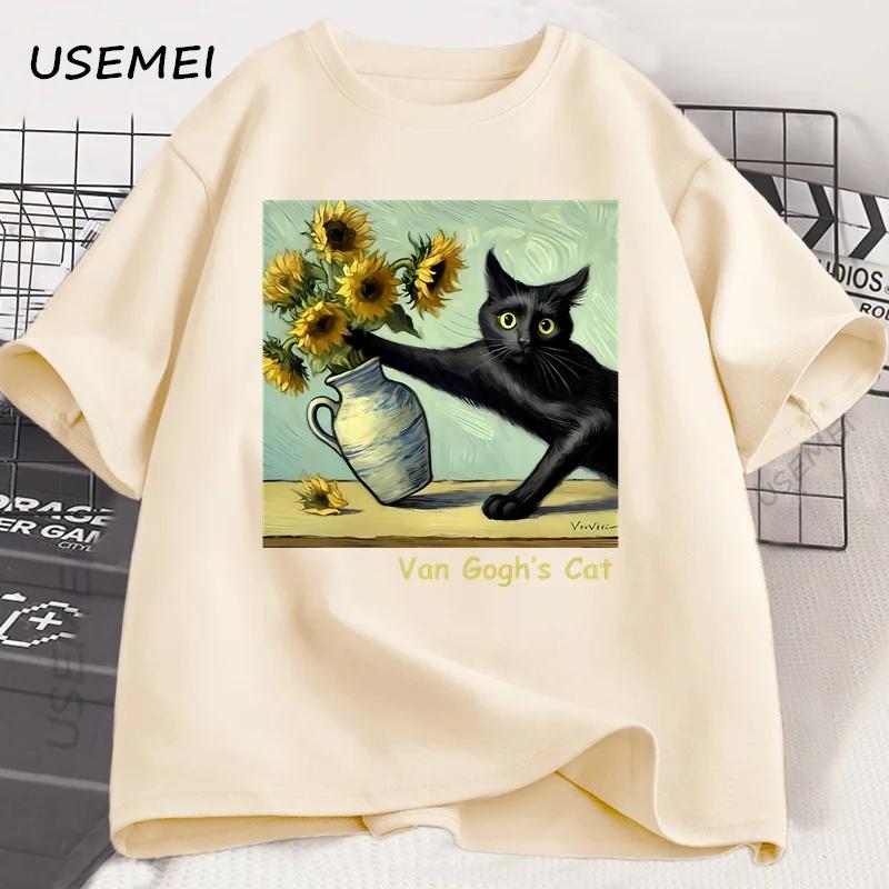 Van Gogh's chat Art impression T-shirt drôle Graphci t-shirts coton à la mode été ample à manches co