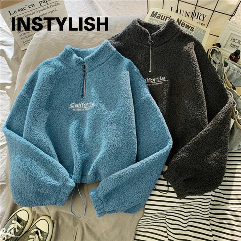 Sweat-shirt à capuche court en polaire pour femmes, col montant, lettres brodées, manches longues, c