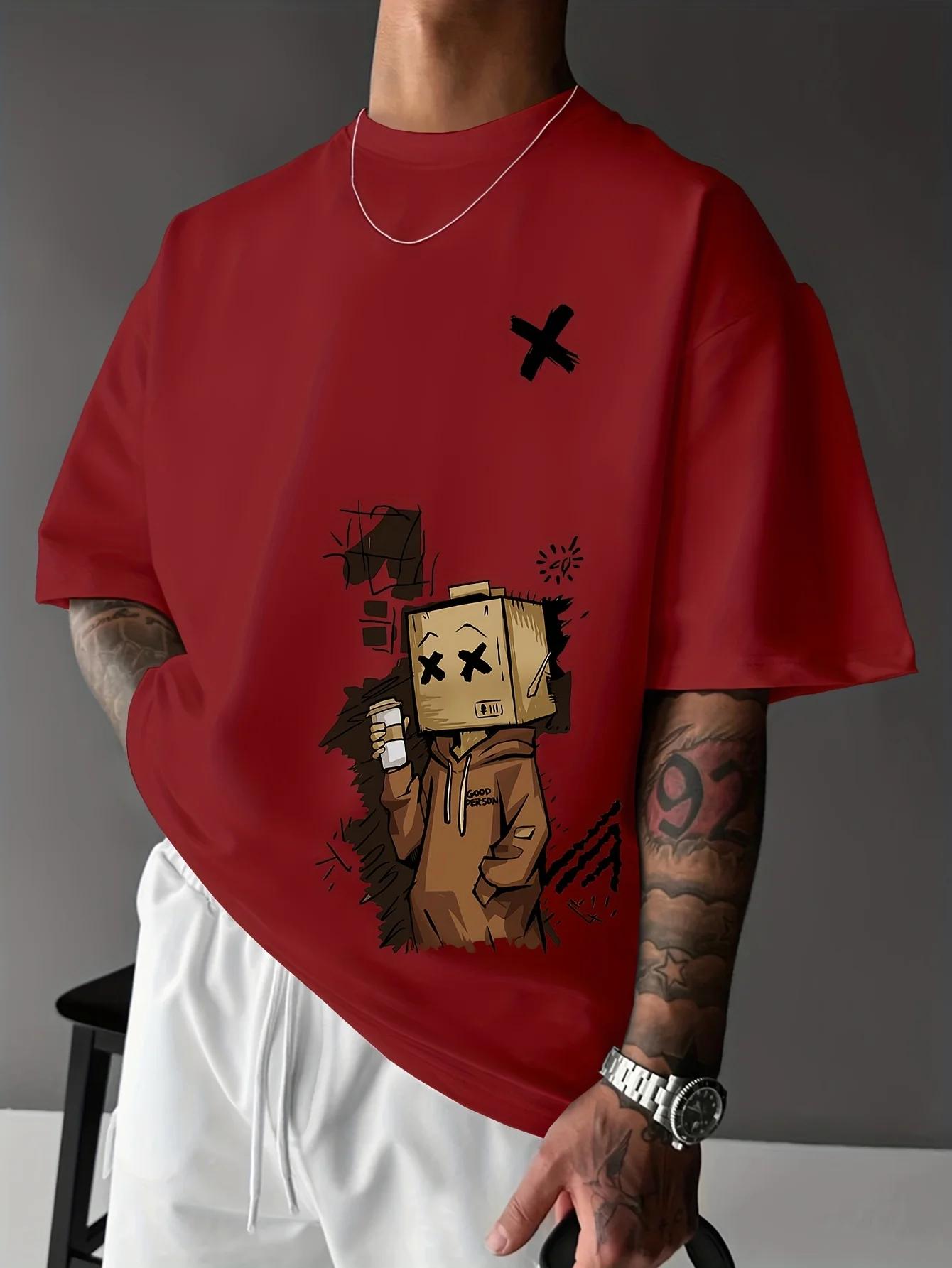 T-shirt col rond pour hommes, mode européenne et américaine, imprimé Graffiti de dessin animé, confo
