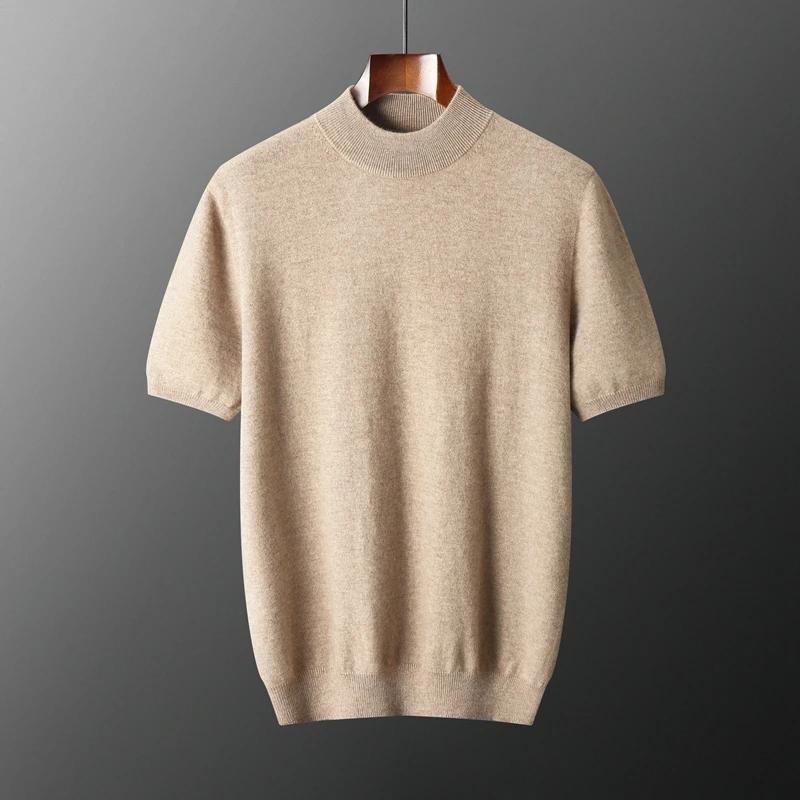 Pull à manches courtes en cachemire pur pour hommes, pull en tricot décontracté, ample, col semi-hau