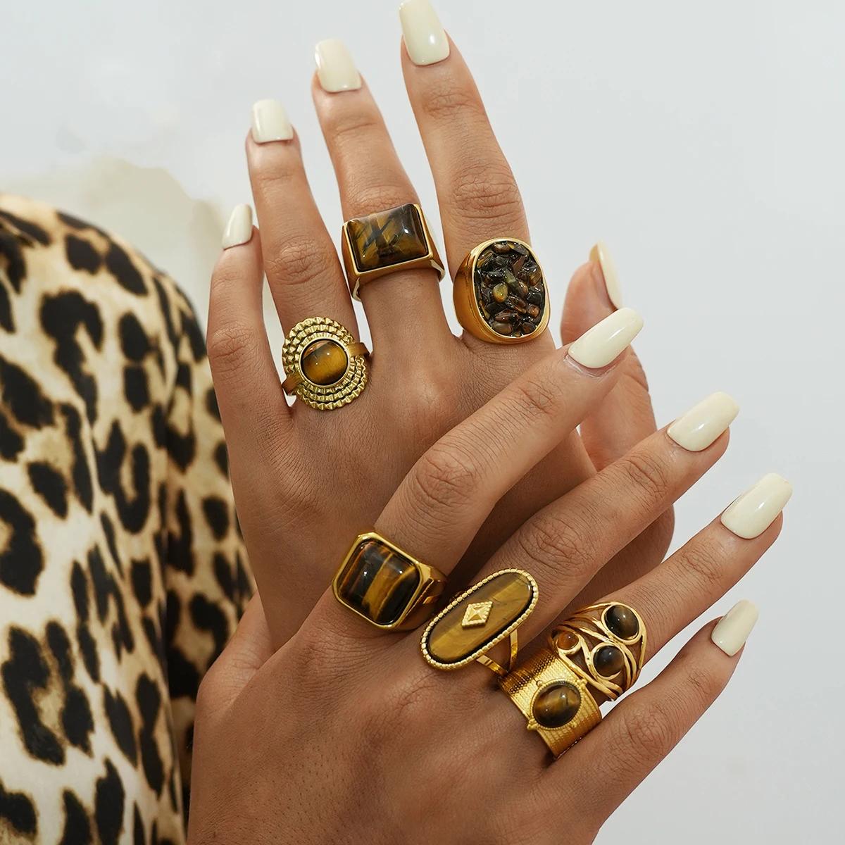 Bague ovale en pierre marron et acier inoxydable pour femmes, anneaux empilés réglables, bijoux cade