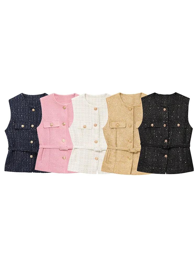 HH femmes élégant solide ceinture gilets hauts col rond bouton en métal sans manches gilet bureau vê
