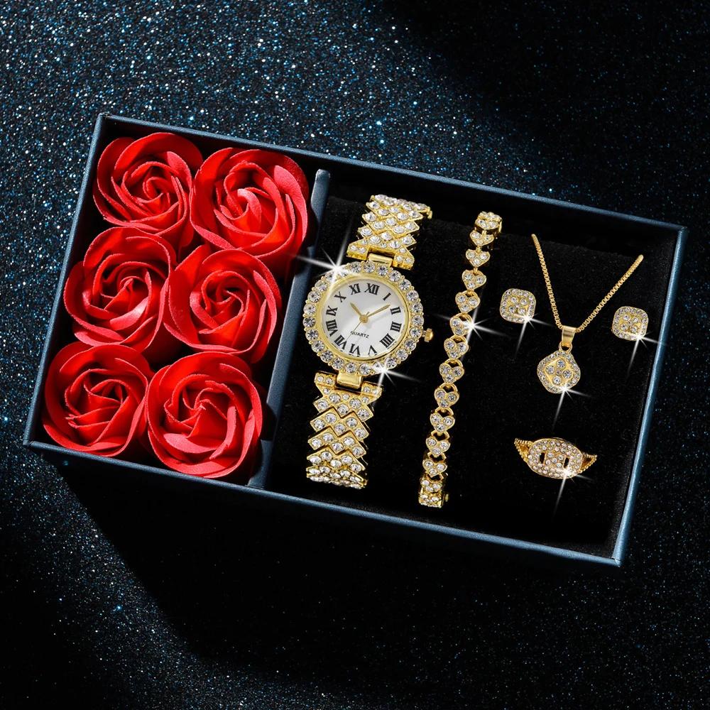 Mode luxe femmes or montre Bracelet collier 6 pièces ensemble dames diamant Quartz montre-Bracelet s