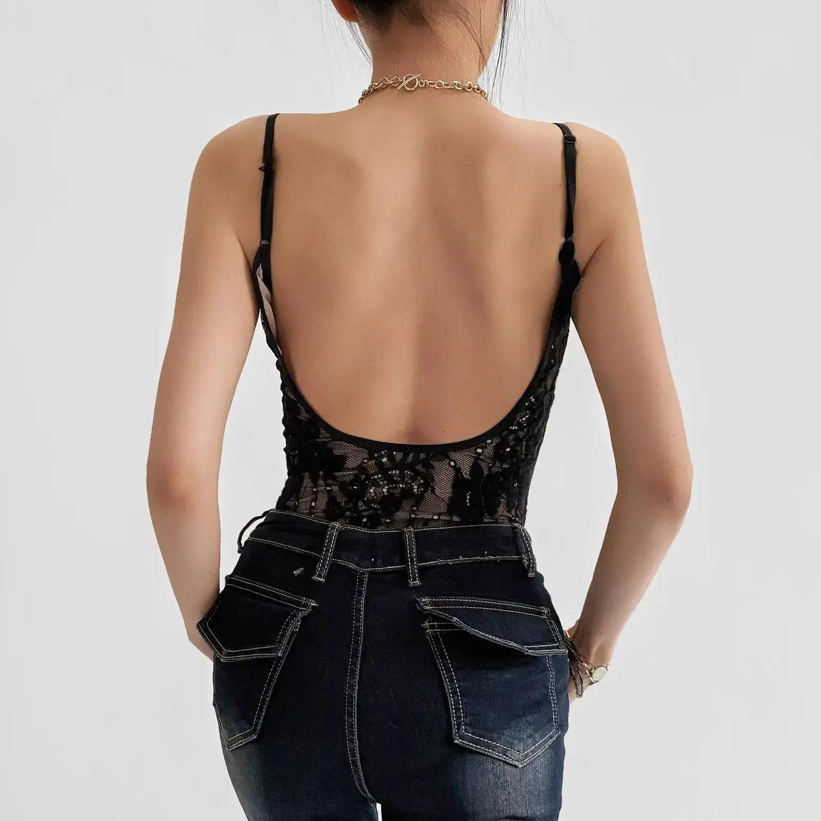 Sexy voir à travers la dentelle avec doublure dos nu Spaghetti sangle body femme fronde serré combin