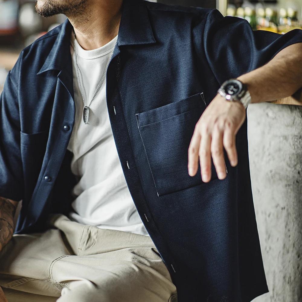 Maden-Chemise drapée sans repassage pour homme avec poche, chemise à manches courtes silhouette text