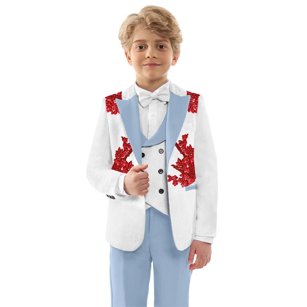 Costumes Jacquard pour garçons, 4 pièces, tenue porteur d'anneau de mariage, ensemble de costume exq