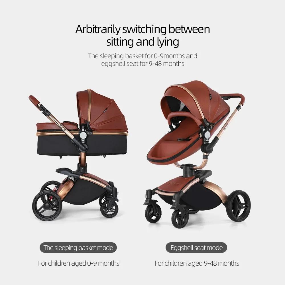 Poussette bébé 3 en 1, landau bidirectionnel de paysage haut, en cuir PU, pliable, absorbant les cho