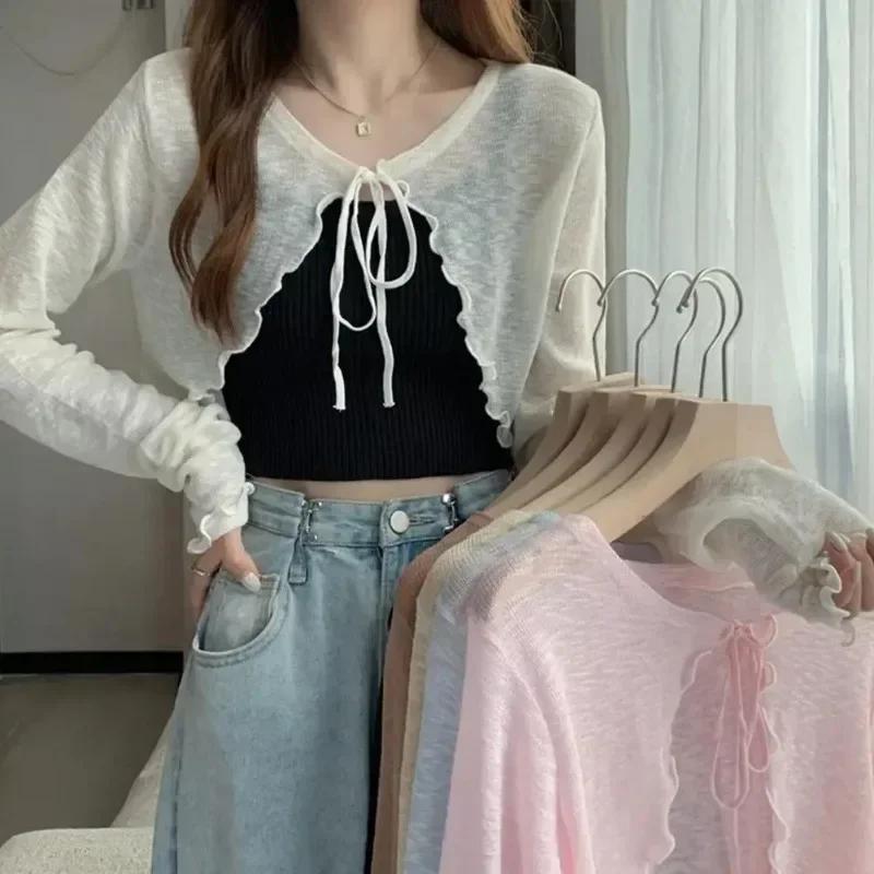 Cardigan d'été fin pour femmes, protection solaire, tricot à lacets, hauts féminins, Style coréen, m