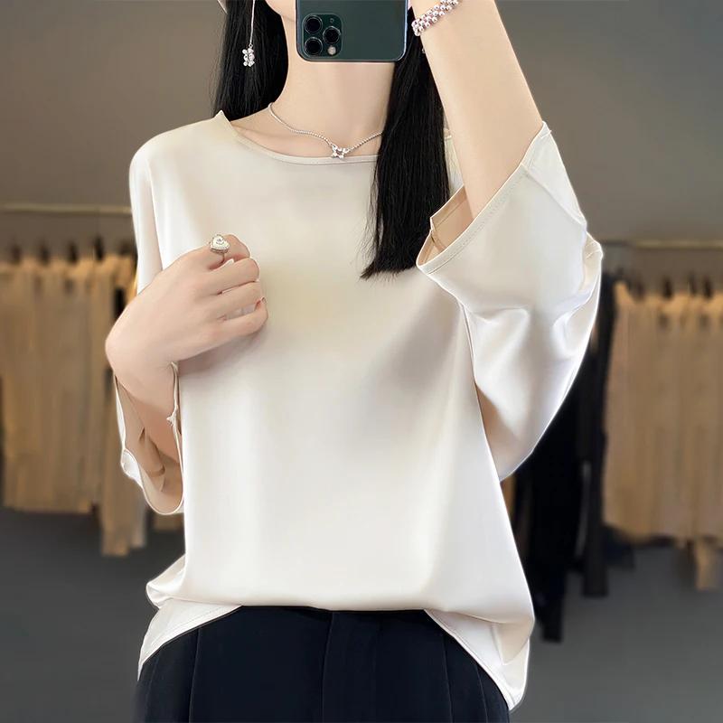 T-shirt à manches trois-quarts pour femmes, chemisier en satin monochrome décontracté, col rond, t-s
