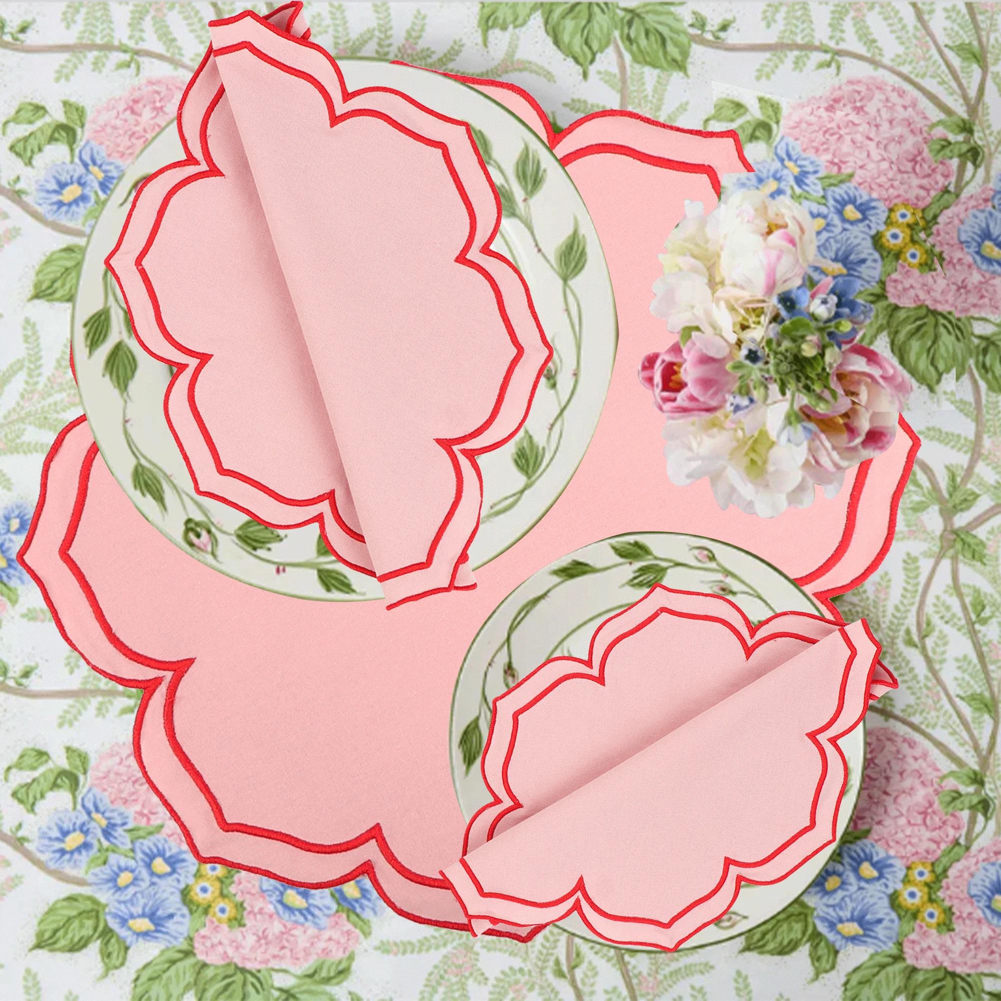 Serviettes à bord brodé en forme de Lotus, 4 pièces/ensemble, napperons épais en pur coton respirant