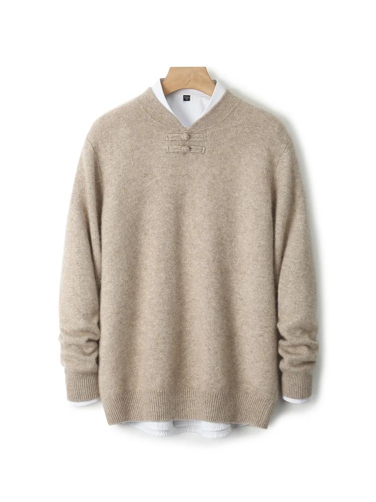 Nouveaux hommes 100% laine mérinos pull manches longues col montant pull cachemire doux disque boucl