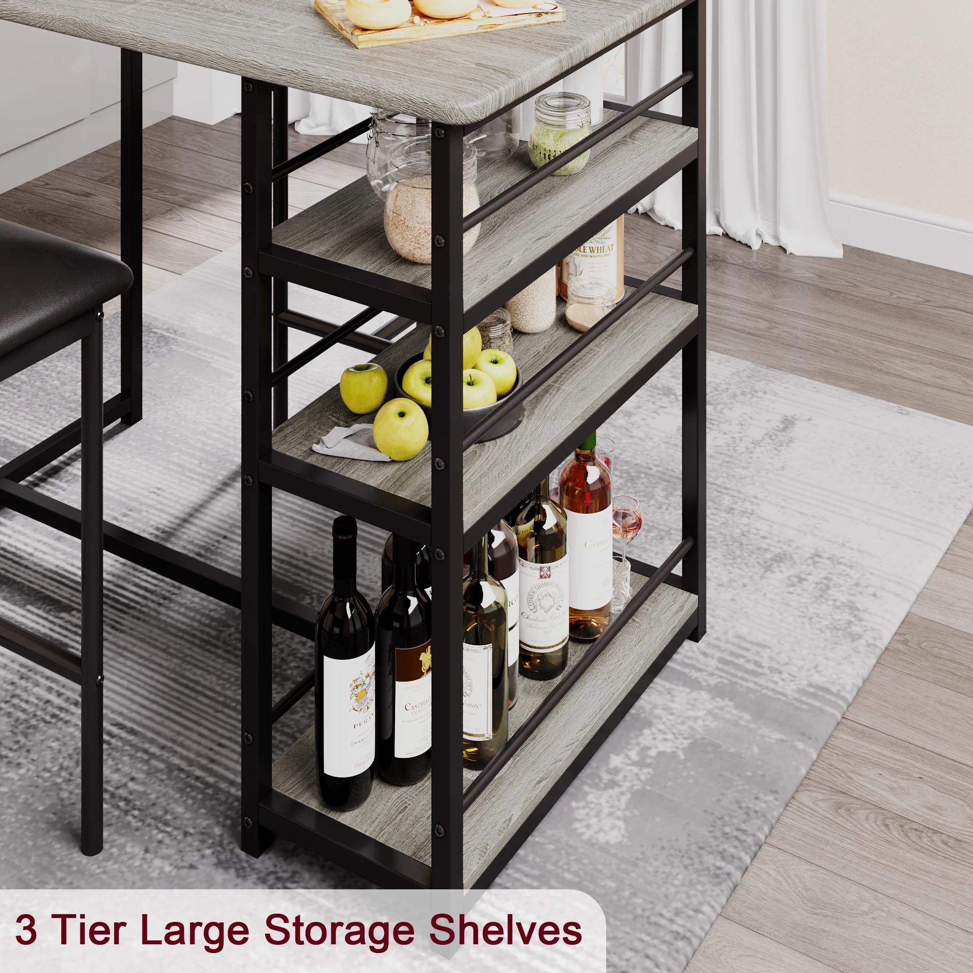 Ensemble de table à manger avec étagères à 3 niveaux, ensemble de table de cuisine de bar avec 2 cha