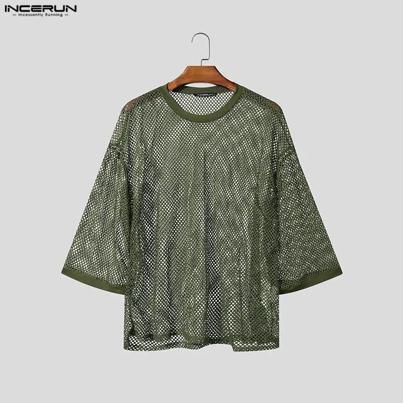 INCERUN T-shirt Homme Uni en Maille Transparente Sexy Oversize Vêtements Streetwear 2026 Manches 3/4