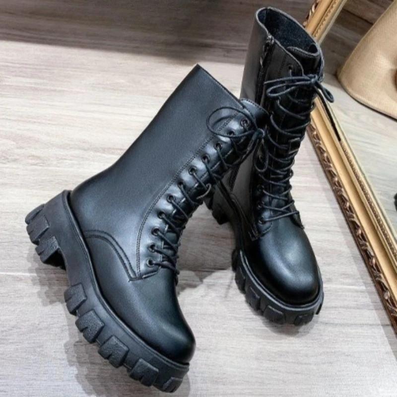 Nouveau mi-mollet bottes femmes automne hiver mode à lacets dames bottes plate-forme à glissière sem