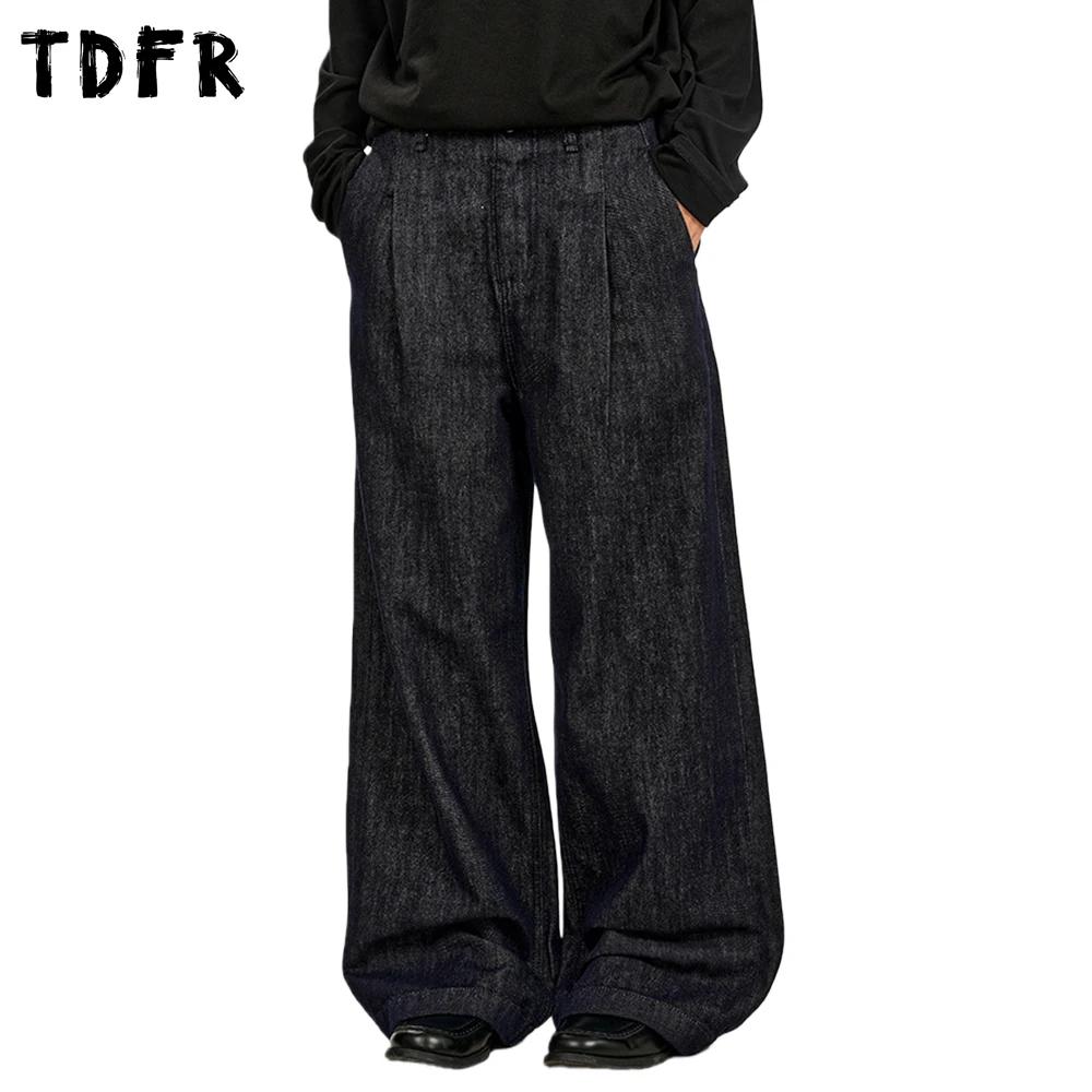 Rétro Simple jean hommes plissé décontracté lavé en détresse Baggy jambe large bleu Denim pantalon h