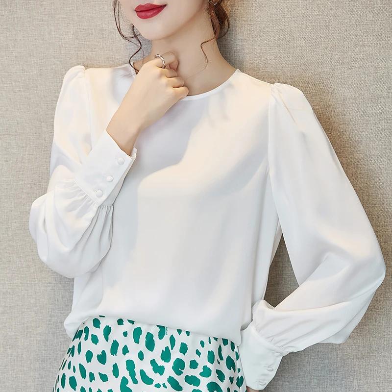 Chemise en soie glacée à manches longues et col rond pour femmes, chemisier monochrome en satin acét