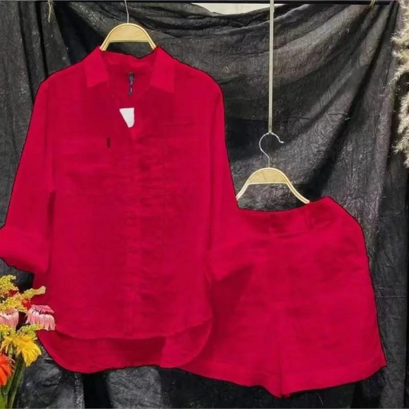 Ensemble d'été 2 pièces en coton et lin pour femmes, chemise et short blancs à manches longues, à la