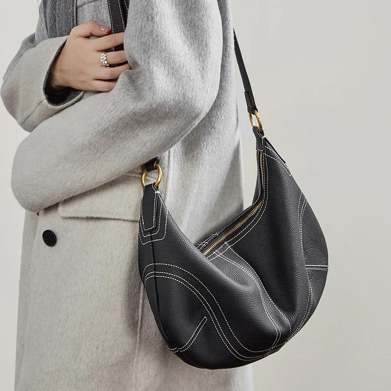 HIFASHION Sacs à bandoulière demi-lune en cuir de vachette véritable pour femmes, tendance 2026, sac