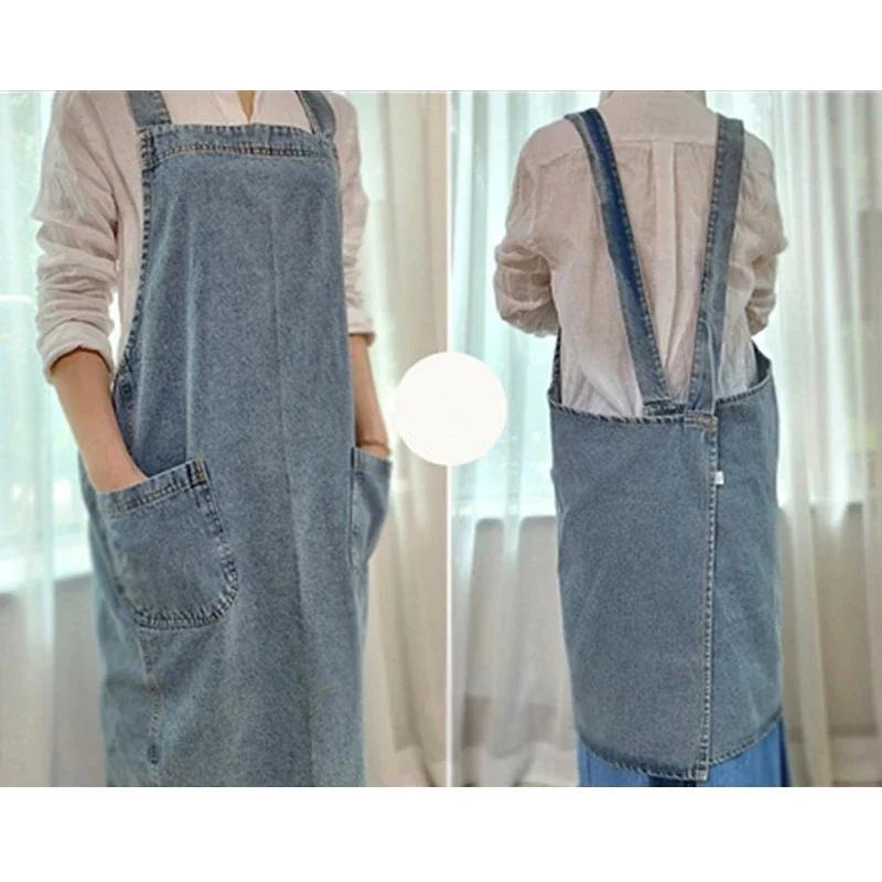 Robe coréenne en Denim pour femmes, tablier en tissu de coton, pour jardin, cuisine, cuisson, access