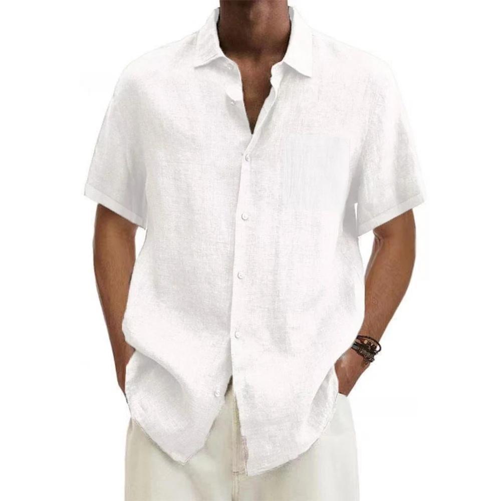 Chemises à manches courtes pour hommes, en coton et lin, couleur unie, col rabattu, décontracté, Sty