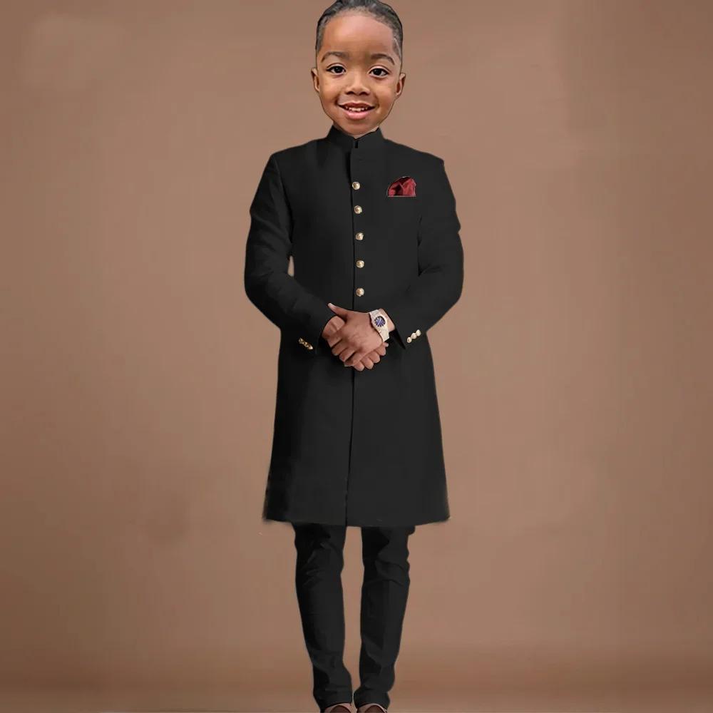 Costumes longs pour garçon, 2 pièces, veste formelle avec pantalon pour mariage, col montant, tenues