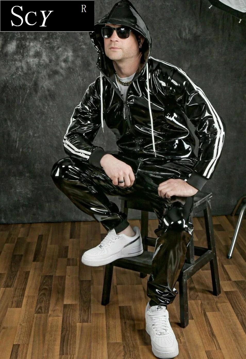 Costume à capuche en cuir PU pour hommes et femmes, vêtements de sport de loisirs, costume de joggin