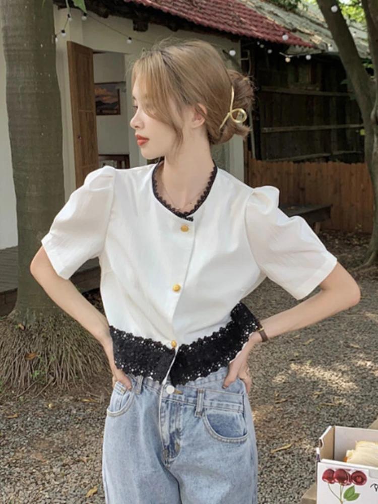 Chemises en dentelle à manches courtes pour femmes, vêtements courts esthétiques élégants, style cor