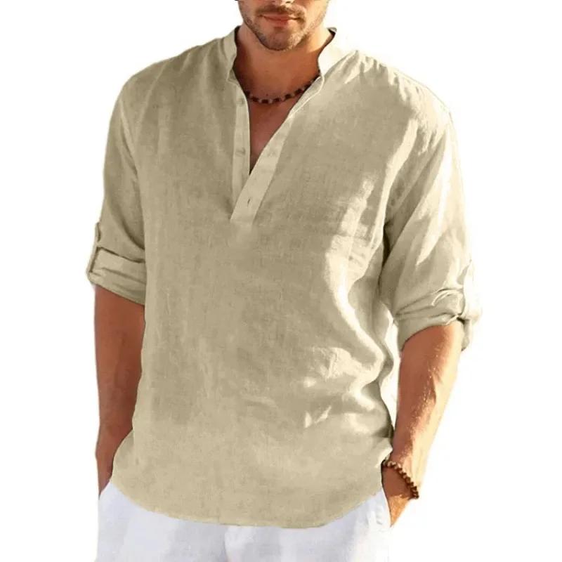 T-shirt à manches longues en lin pour hommes, chemise en coton respirant, streetwear léger, chemises